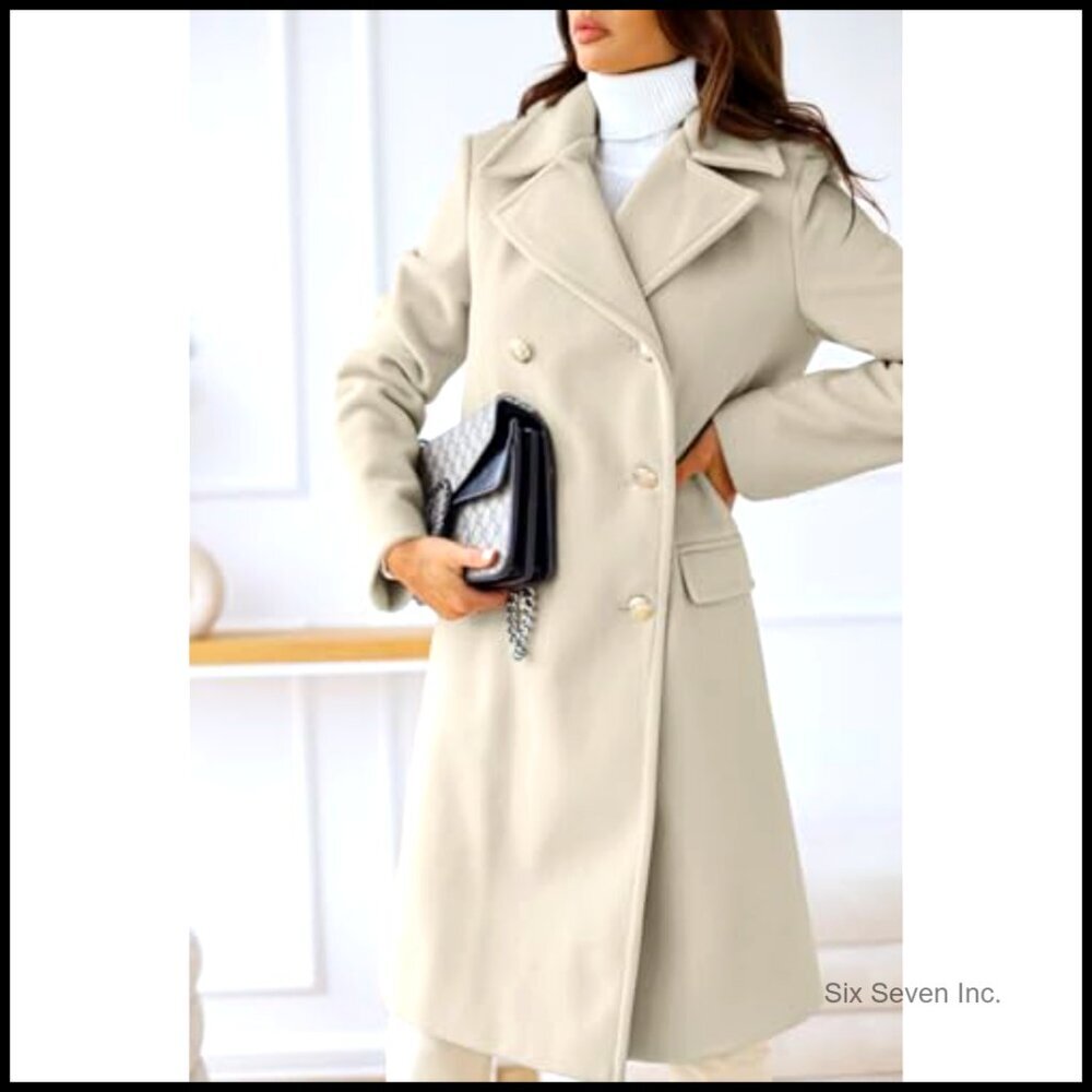 Women's Winter Wool Pea Coat Double Breasted Long Office Overcoat - Picture 2 of 5